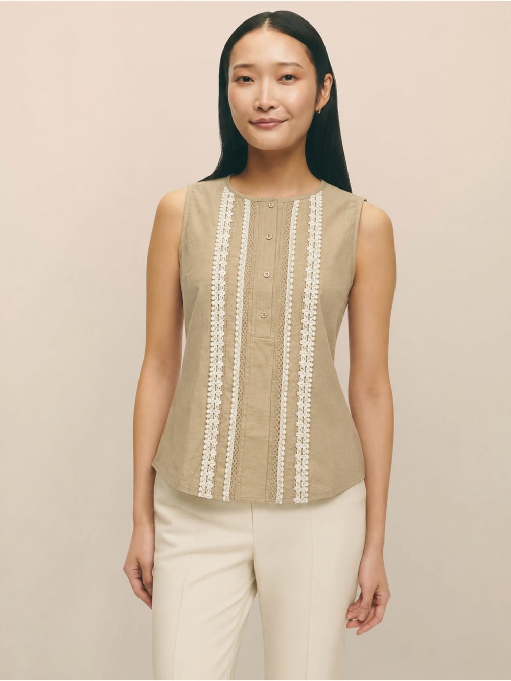 Brooks Brothers Linen Blend Woven Detail Sleevelss Blouse - 8